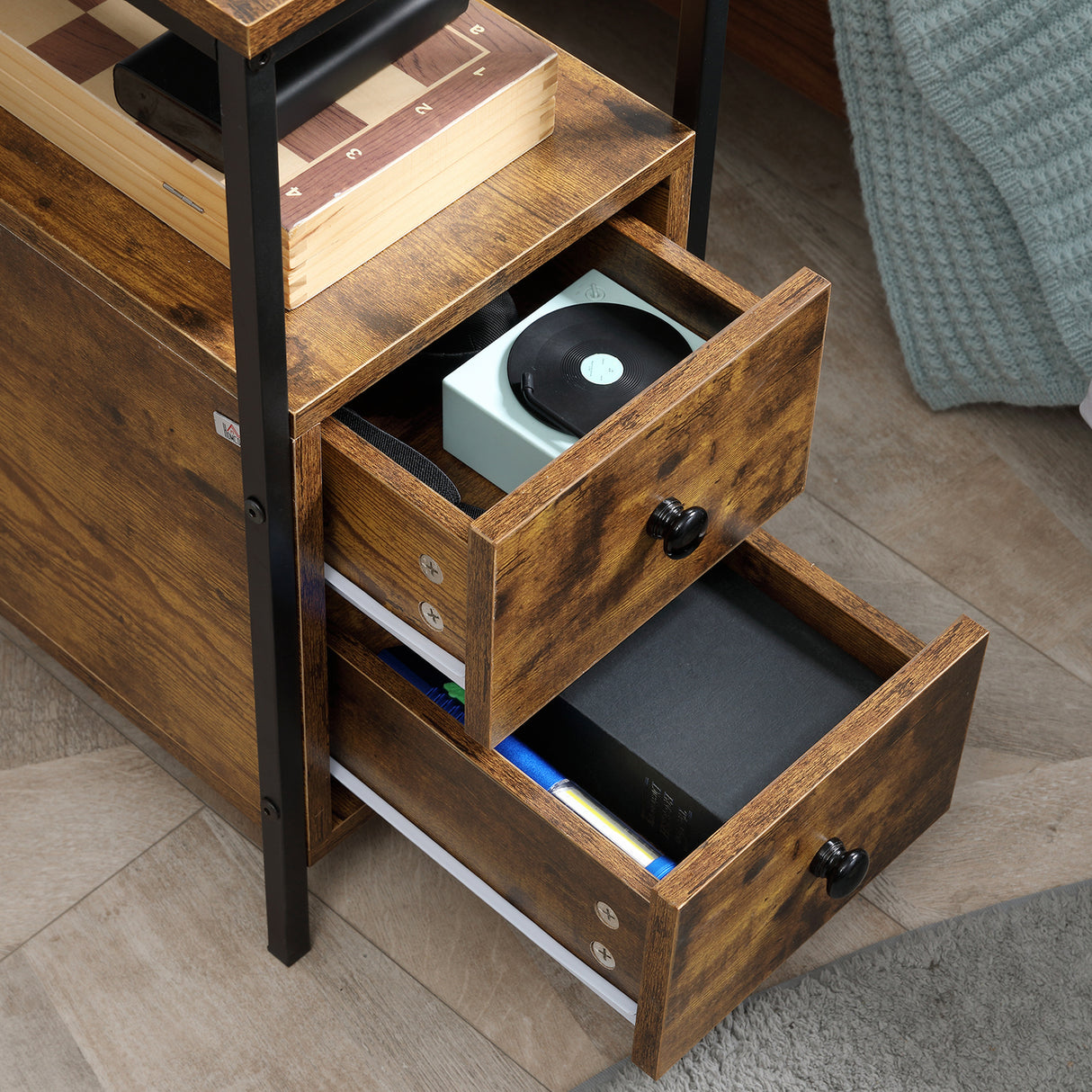 Wooden Side Table 30cm Wide With 2 Drawers And Metal Frame - Velmora