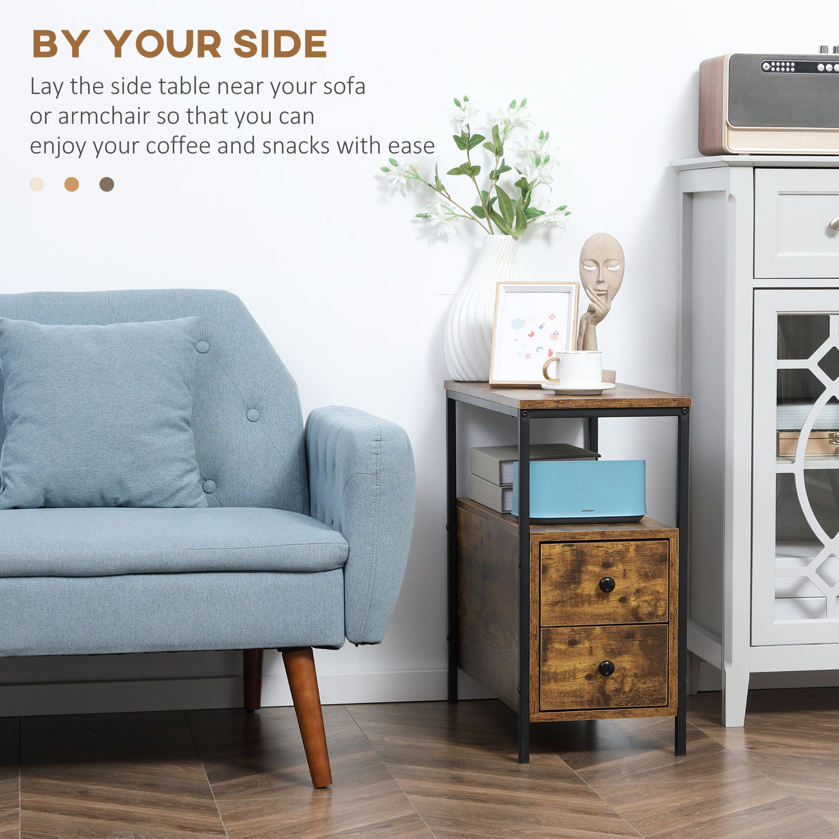 Wooden Side Table 30cm Wide With 2 Drawers And Metal Frame - Velmora