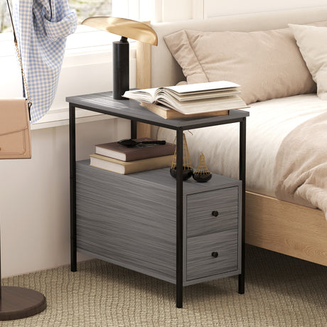 Wooden Side Table 30cm Wide With 2 Drawers And Metal Frame - Velmora