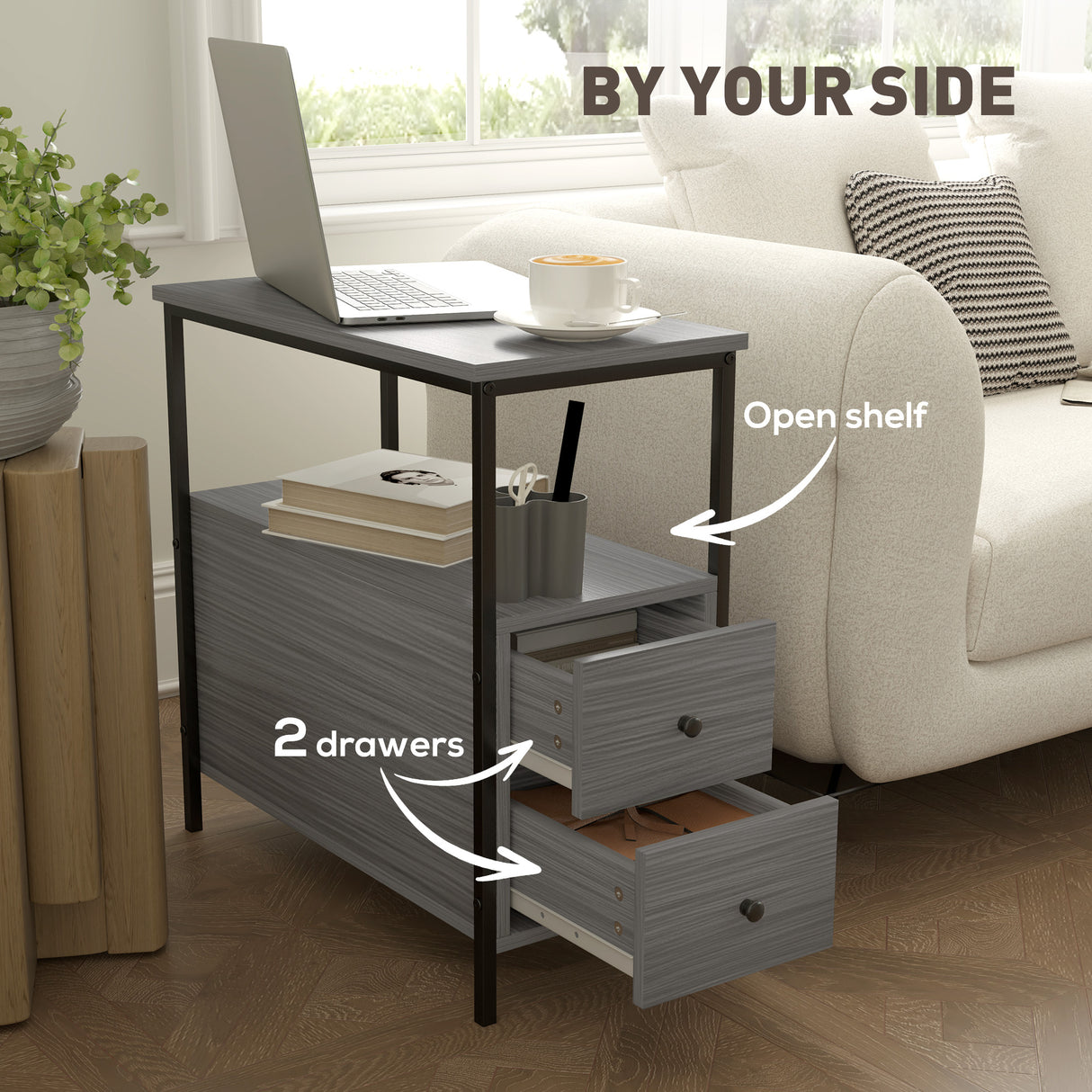 Wooden Side Table 30cm Wide With 2 Drawers And Metal Frame - Velmora