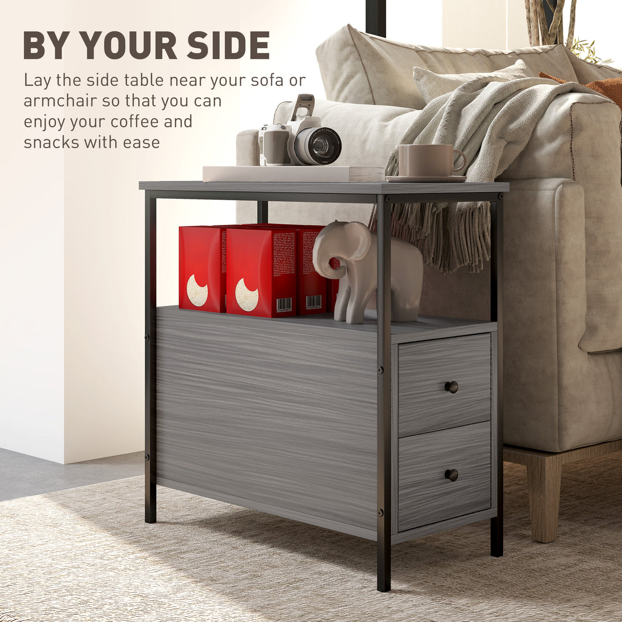 Wooden Side Table 30cm Wide With 2 Drawers And Metal Frame - Velmora