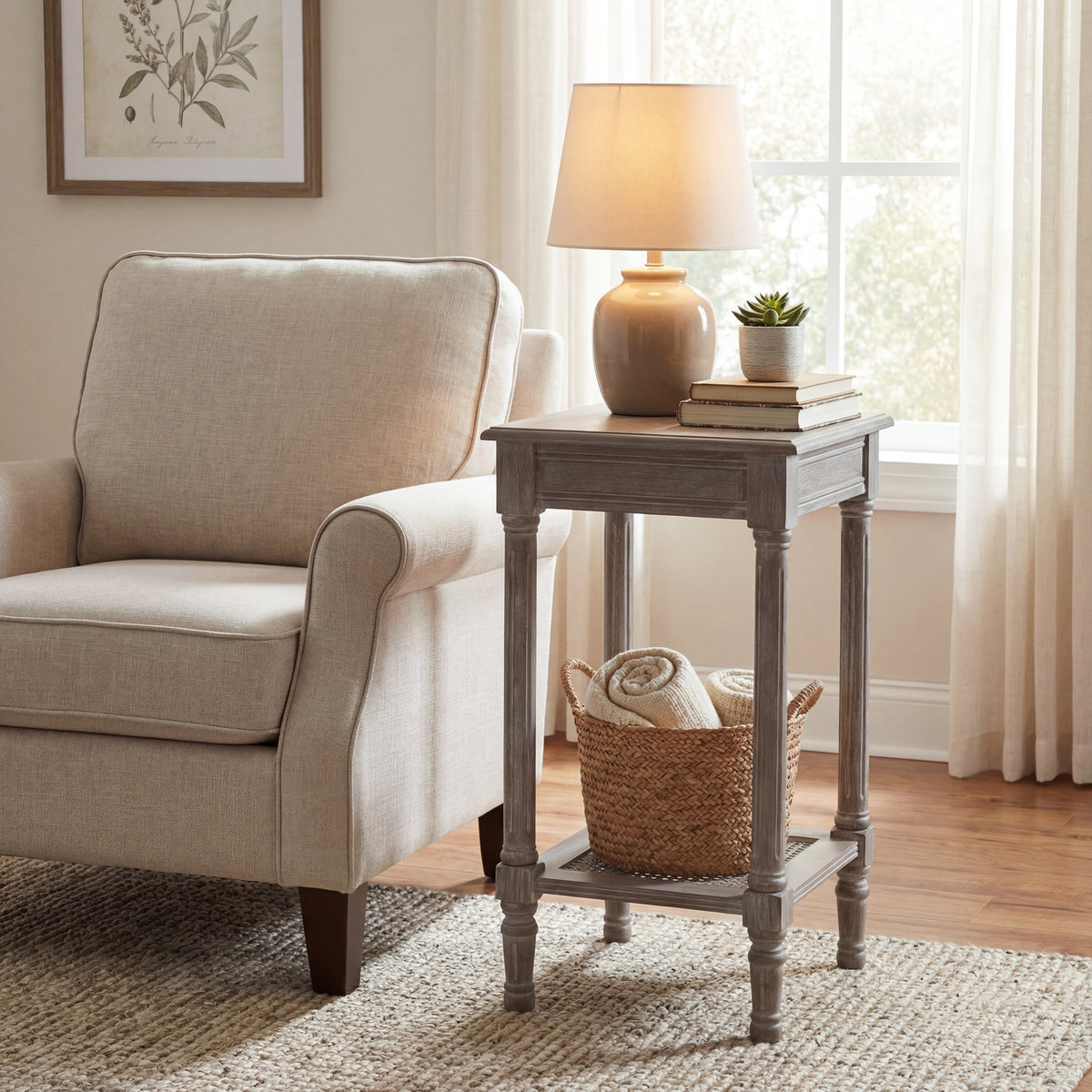 Wooden Side Table 36cm Wide With Rattan Shelf - Serene
