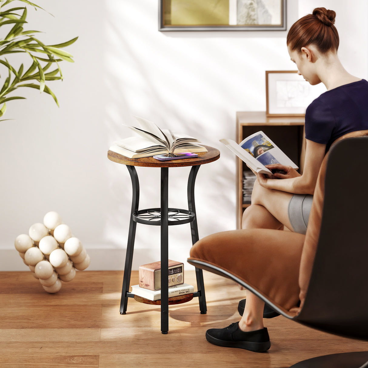 Wooden Side Table 38cm Wide With Metal Frame - Velmora