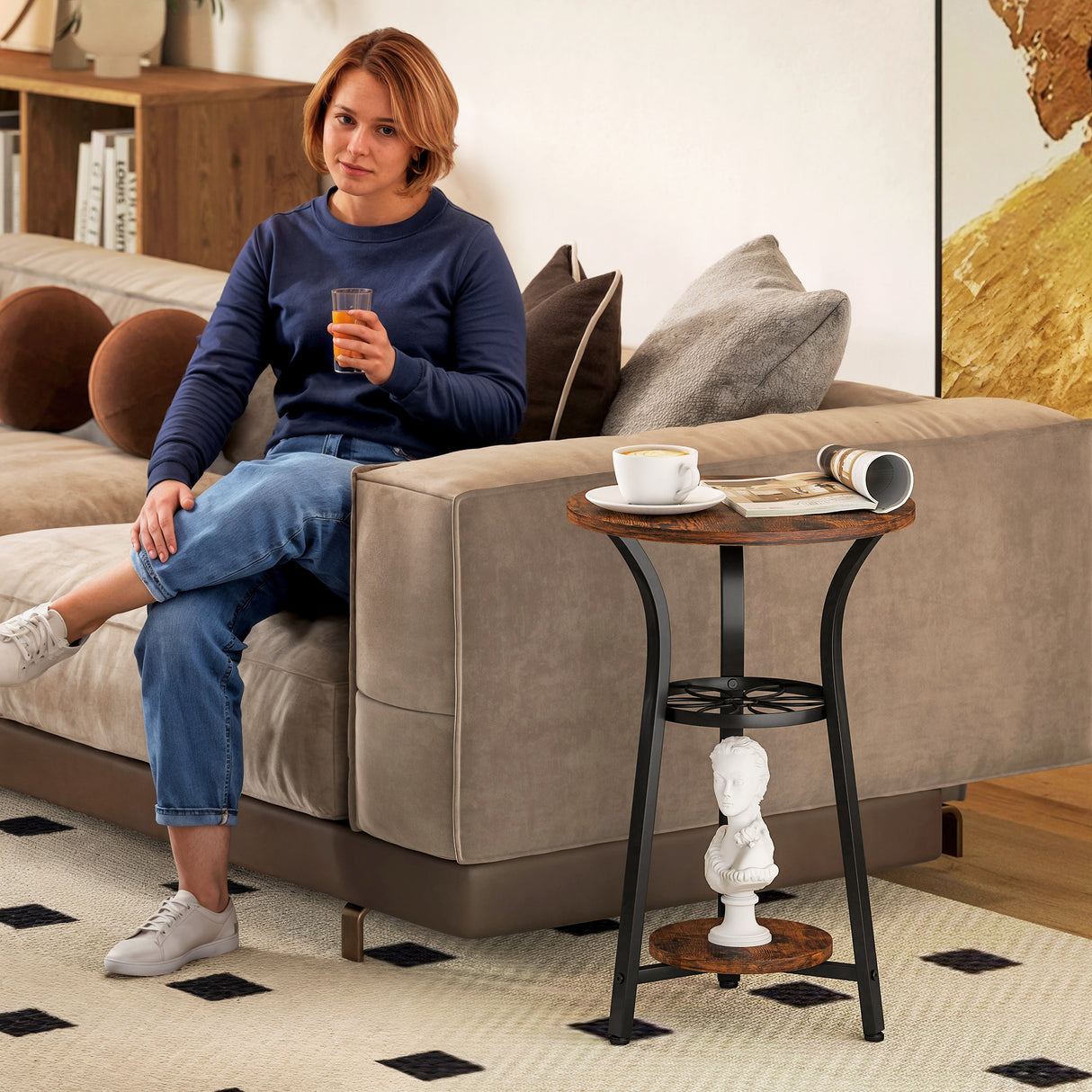 Wooden Side Table 38cm Wide With Metal Frame - Velmora