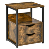 Wooden Side Table 40cm Wide With 2 Drawers And Metal Frame - Velmora