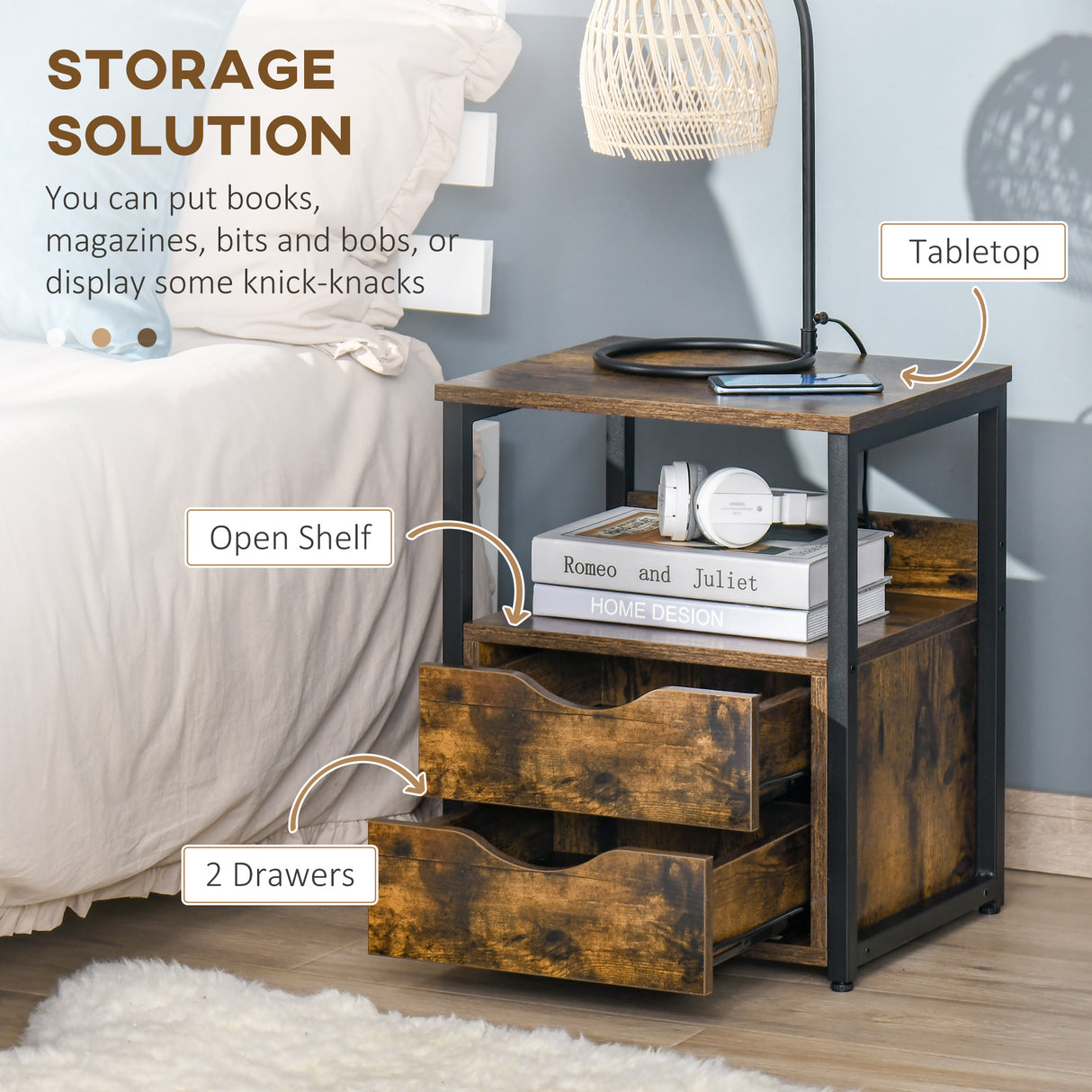 Wooden Side Table 40cm Wide With 2 Drawers And Metal Frame - Velmora