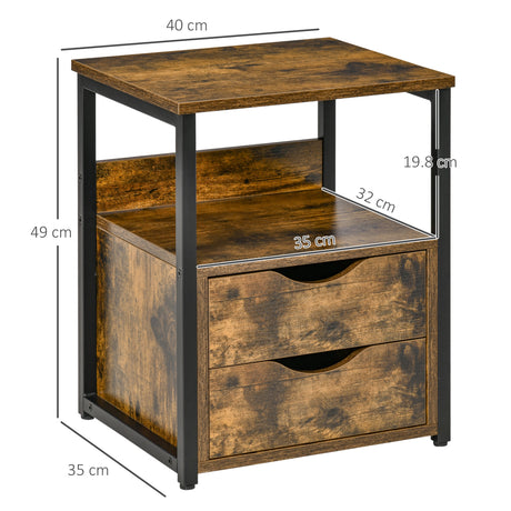Wooden Side Table 40cm Wide With 2 Drawers And Metal Frame - Velmora