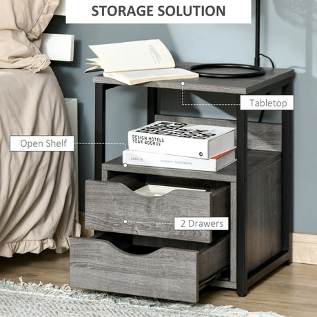 Wooden Side Table 40cm Wide With 2 Drawers And Metal Frame - Velmora