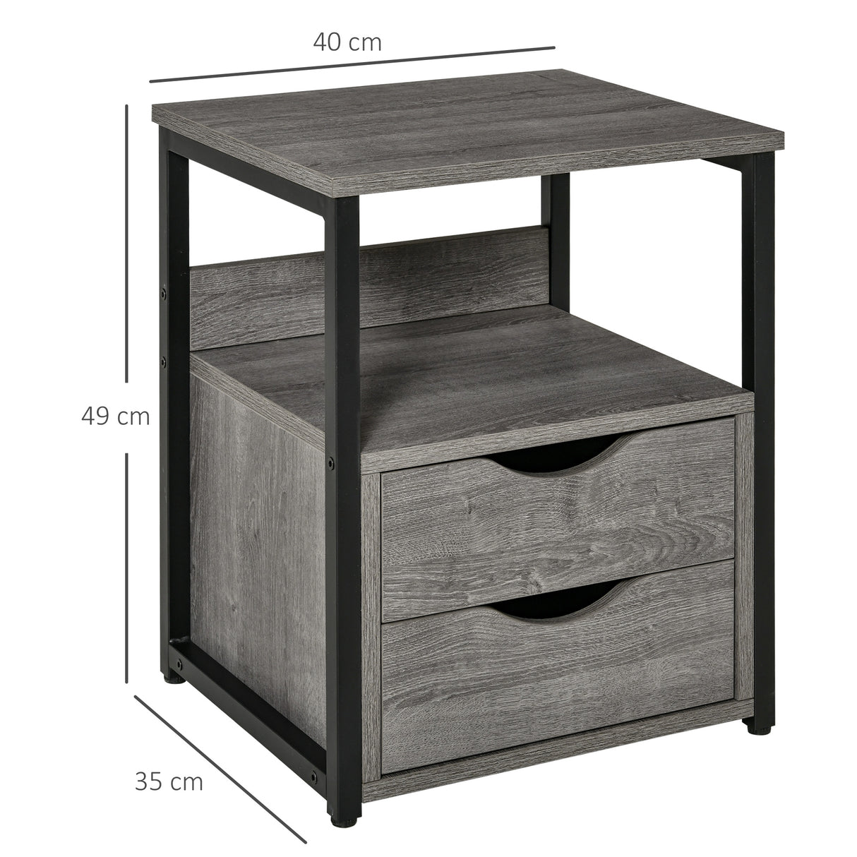 Wooden Side Table 40cm Wide With 2 Drawers And Metal Frame - Velmora