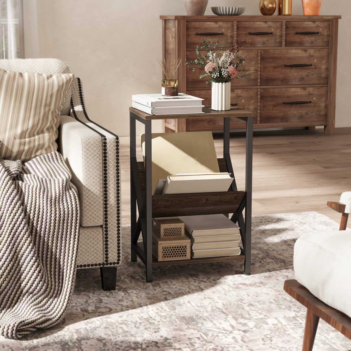 Wooden Side Table 40cm Wide With Magazine Holder - Velmora