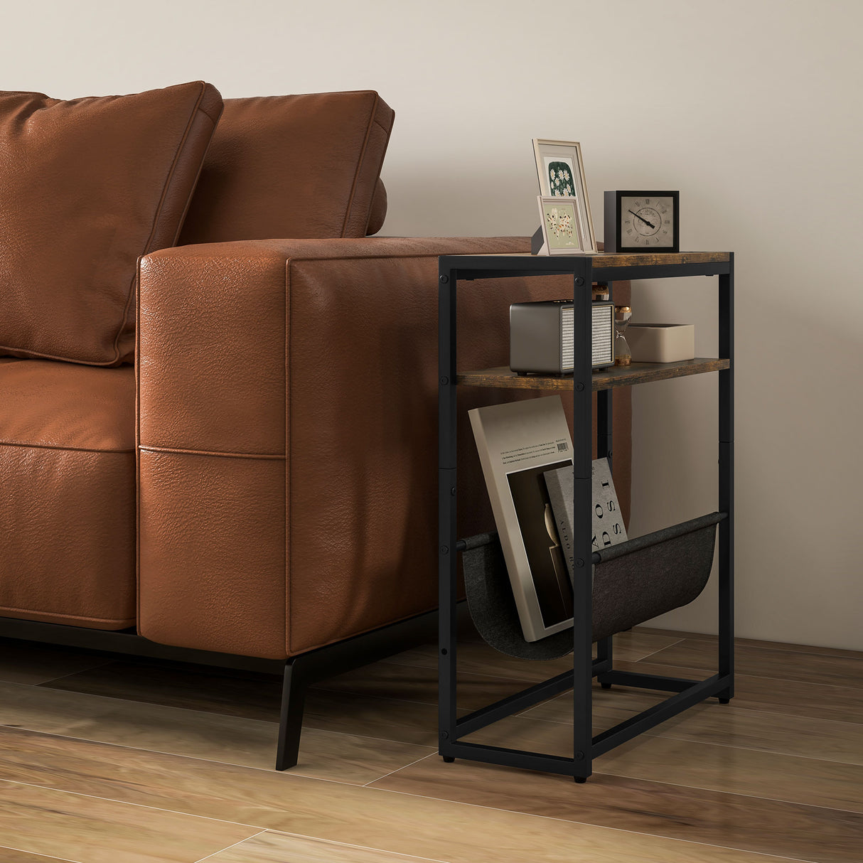 Wooden Side Table 43cm Wide With Steel Frame And Magazine Rack - Velmora