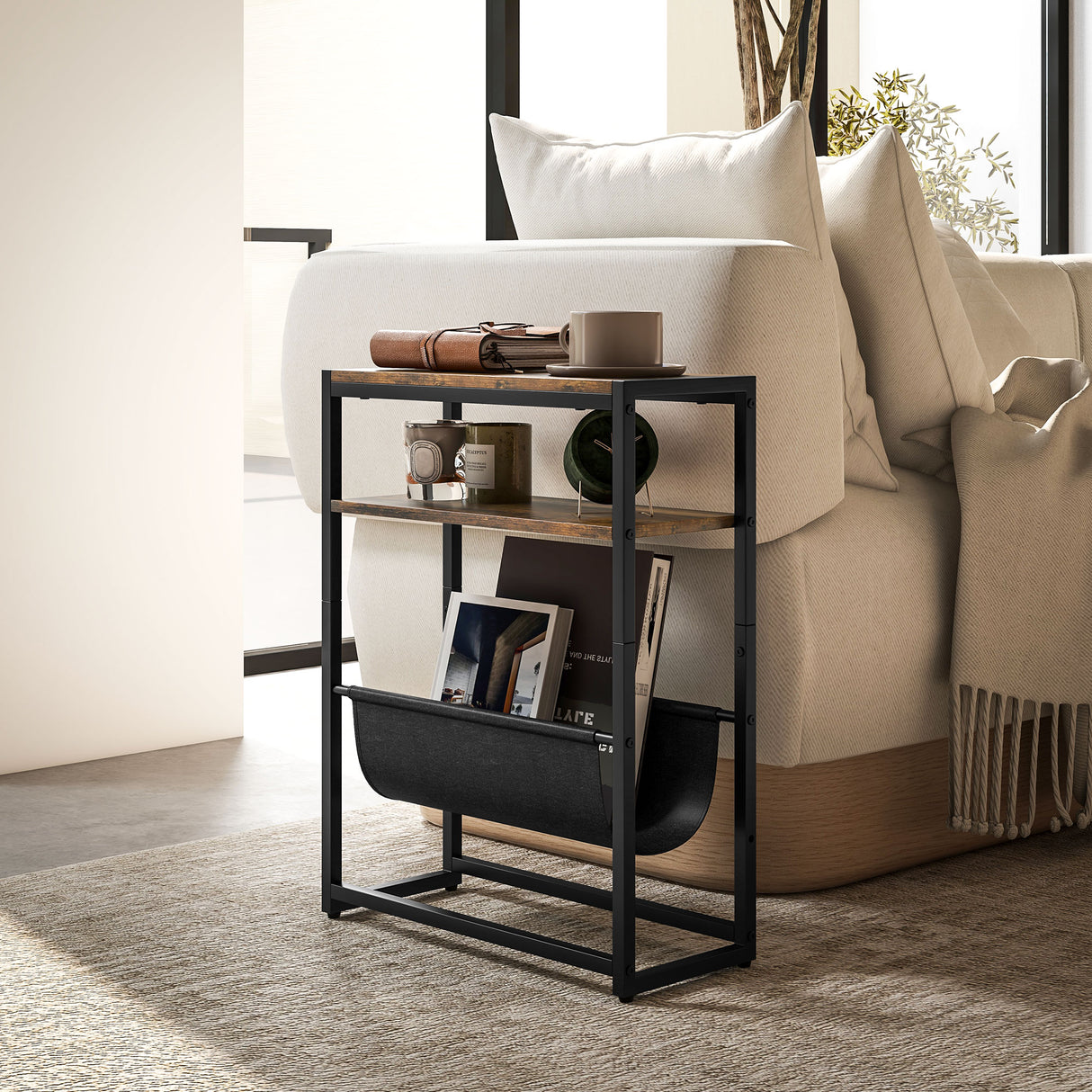 Wooden Side Table 43cm Wide With Steel Frame And Magazine Rack - Velmora