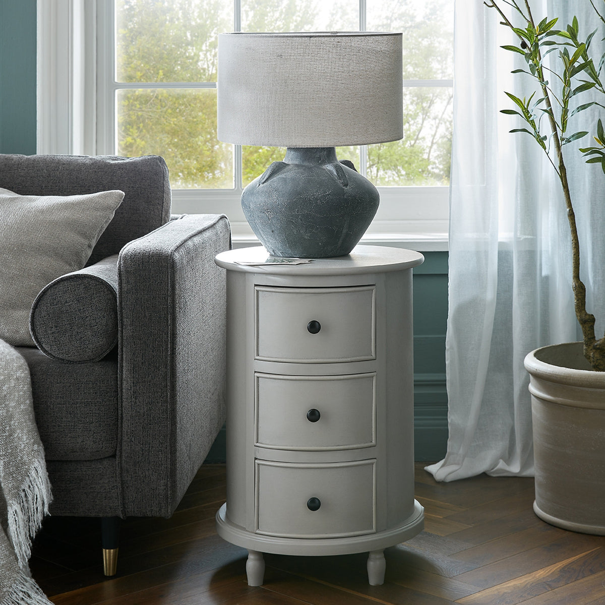 Wooden Side Table 45cm Wide Round With 3 Drawers - Camden