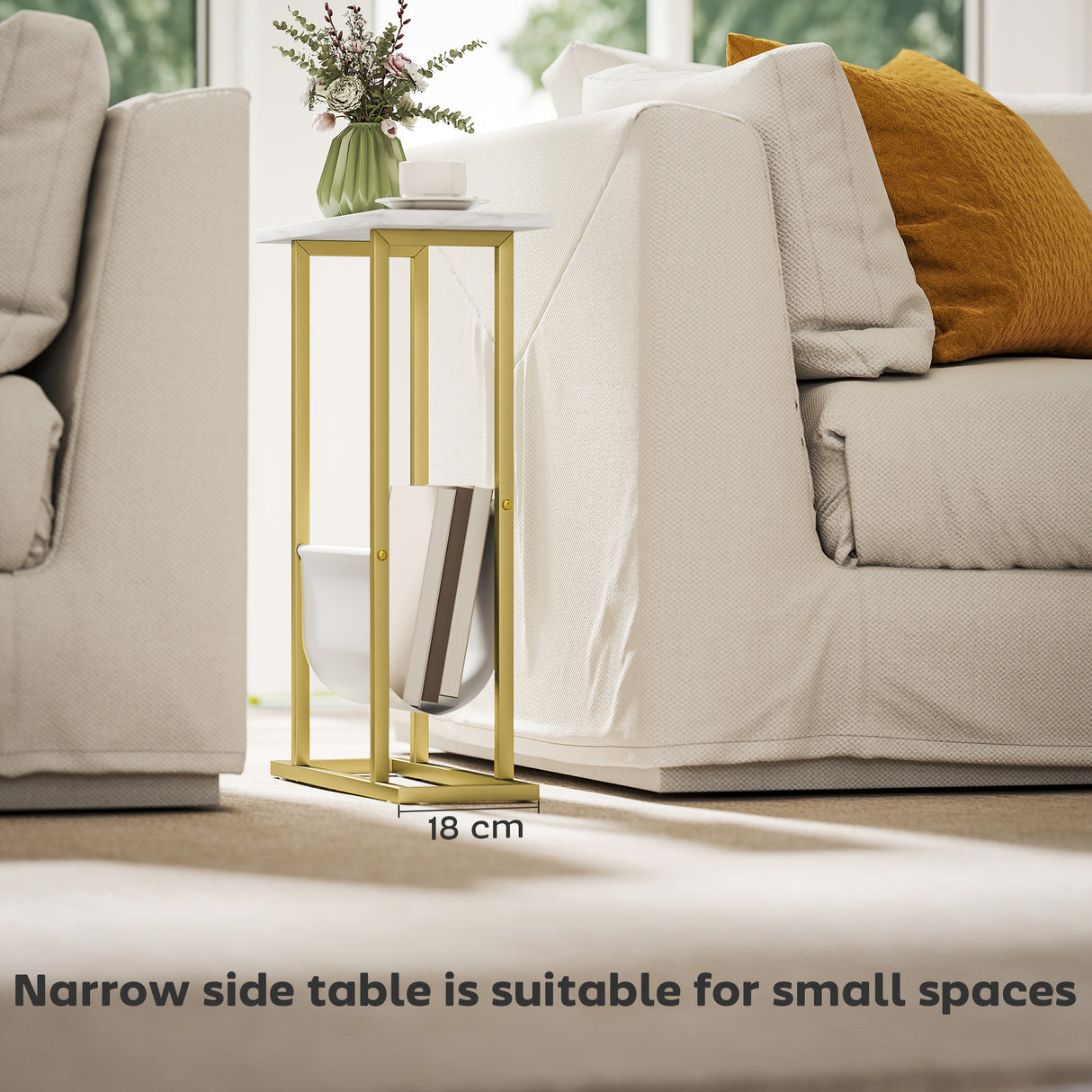 Wooden Side Table 45cm Wide With Gold Steel Frame - Velmora