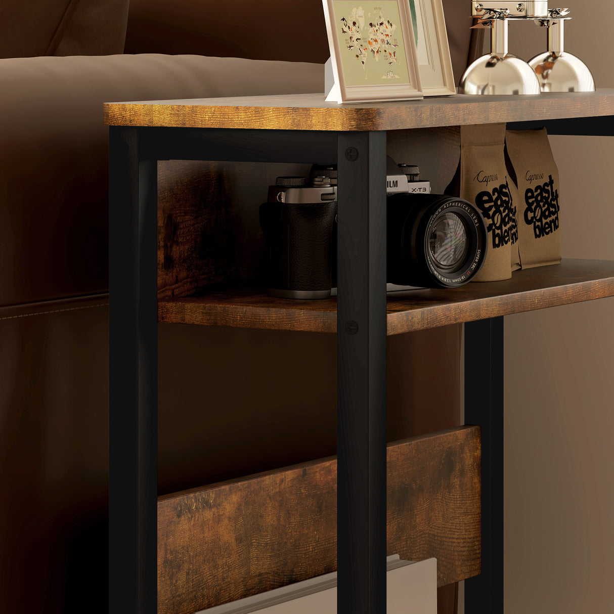 Wooden Side Table 46cm Wide With Metal Frame - Velmora