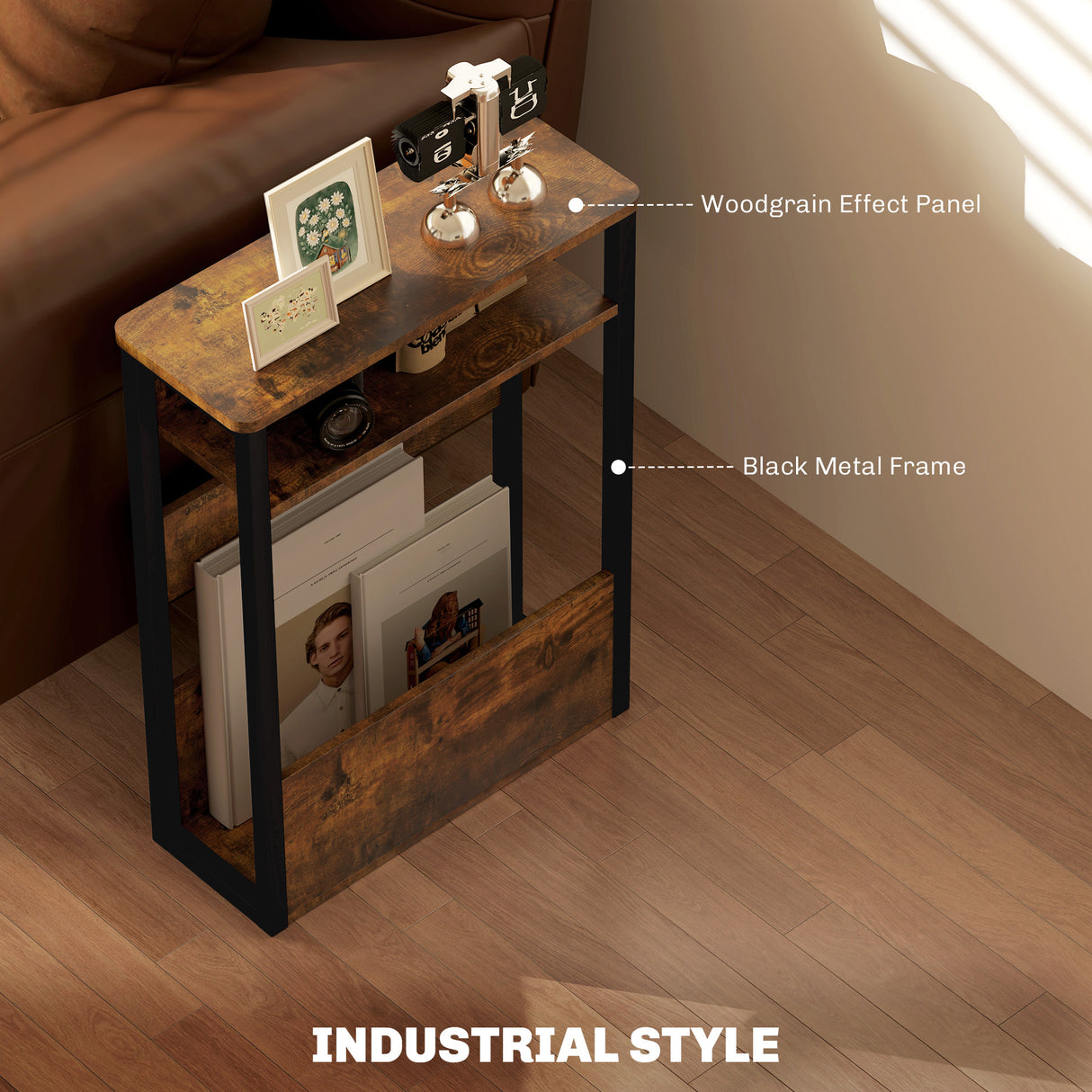 Wooden Side Table 46cm Wide With Metal Frame - Velmora