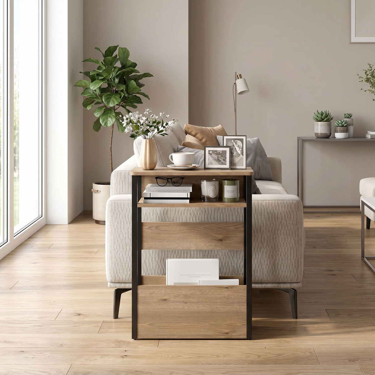 Wooden Side Table 46cm Wide With Metal Frame - Velmora
