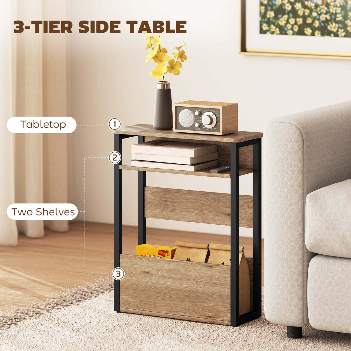 Wooden Side Table 46cm Wide With Metal Frame - Velmora
