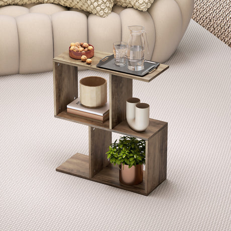 Wooden Side Table 50cm Wide S-Shaped With Storage Shelves - Velmora