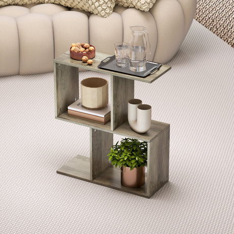 Wooden Side Table 50cm Wide S-Shaped With Storage Shelves - Velmora