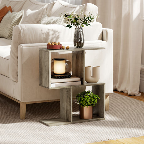 Wooden Side Table 50cm Wide S-Shaped With Storage Shelves - Velmora