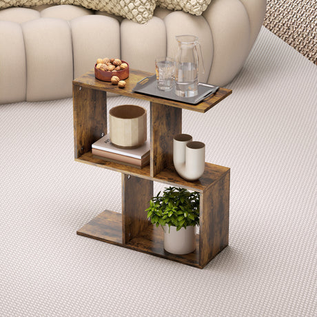 Wooden Side Table 50cm Wide S-Shaped With Storage Shelves - Velmora
