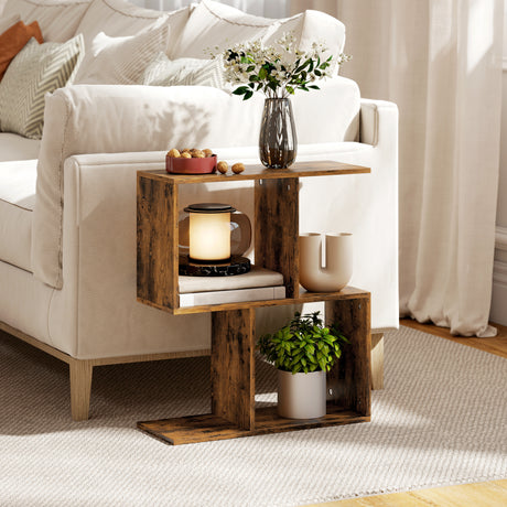 Wooden Side Table 50cm Wide S-Shaped With Storage Shelves - Velmora