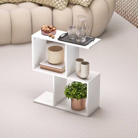 Wooden Side Table 50cm Wide S-Shaped With Storage Shelves - Velmora