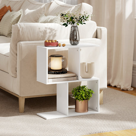 Wooden Side Table 50cm Wide S-Shaped With Storage Shelves - Velmora
