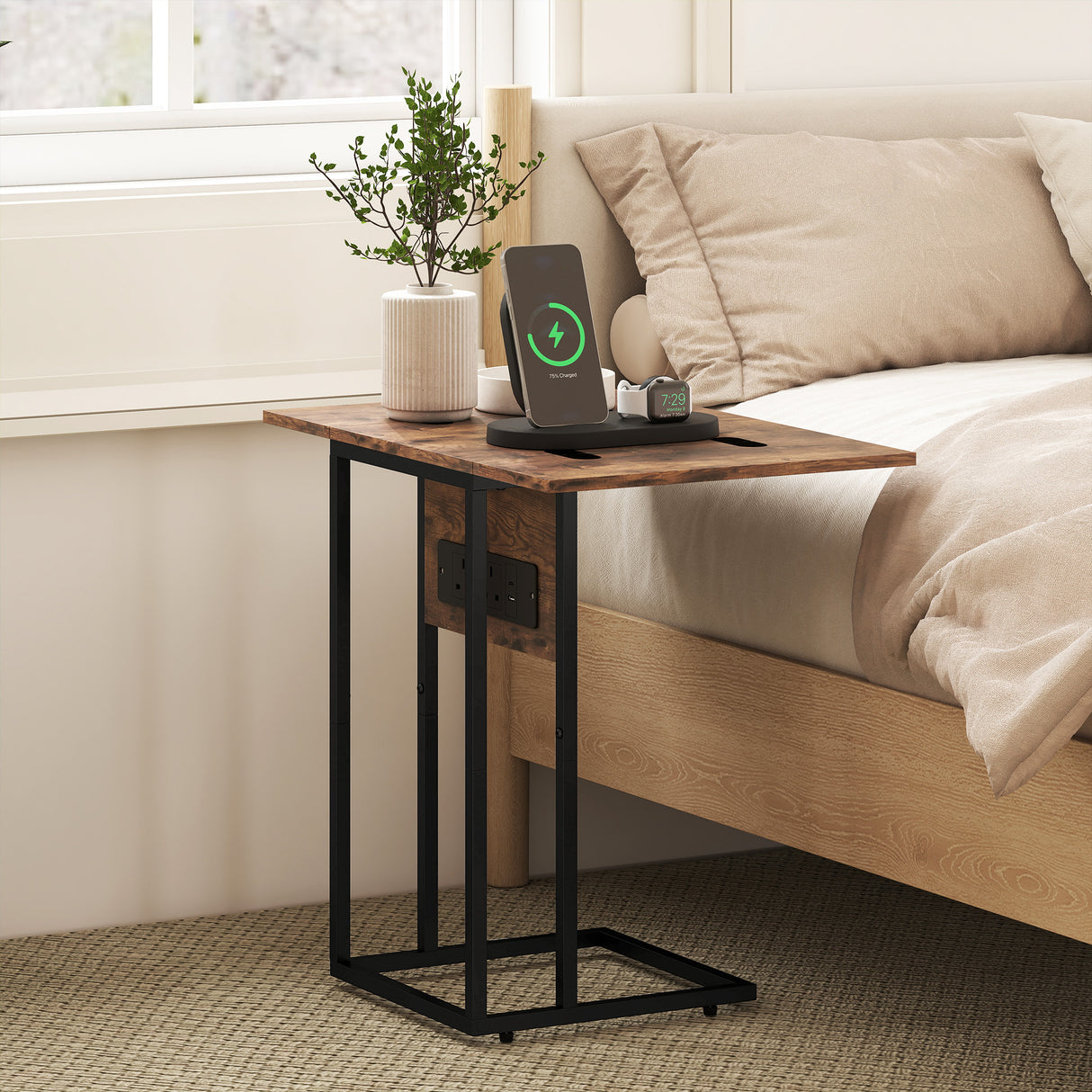 Wooden Side Table 58cm Wide With Metal Frame - Velmora