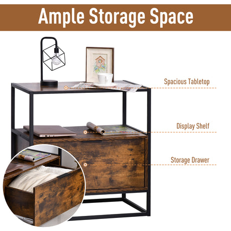 Wooden Side Table 73cm Wide With 1 Drawer And Steel Frame - Velmora