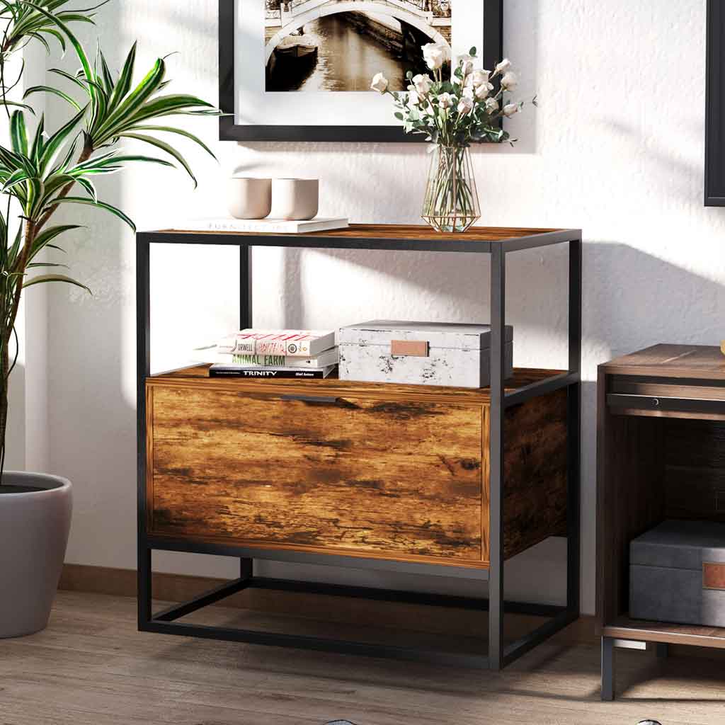 Wooden Side Table 73cm Wide With 1 Drawer And Steel Frame - Velmora