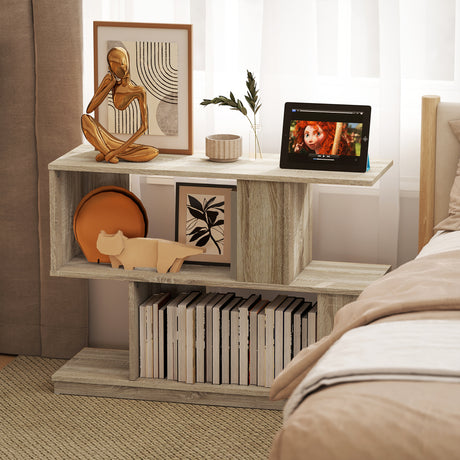 Wooden Side Table 90cm Wide S-Shaped With Storage Shelf - Velmora