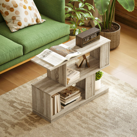 Wooden Side Table 90cm Wide S-Shaped With Storage Shelf - Velmora