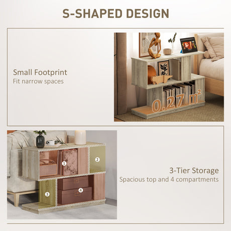 Wooden Side Table 90cm Wide S-Shaped With Storage Shelf - Velmora