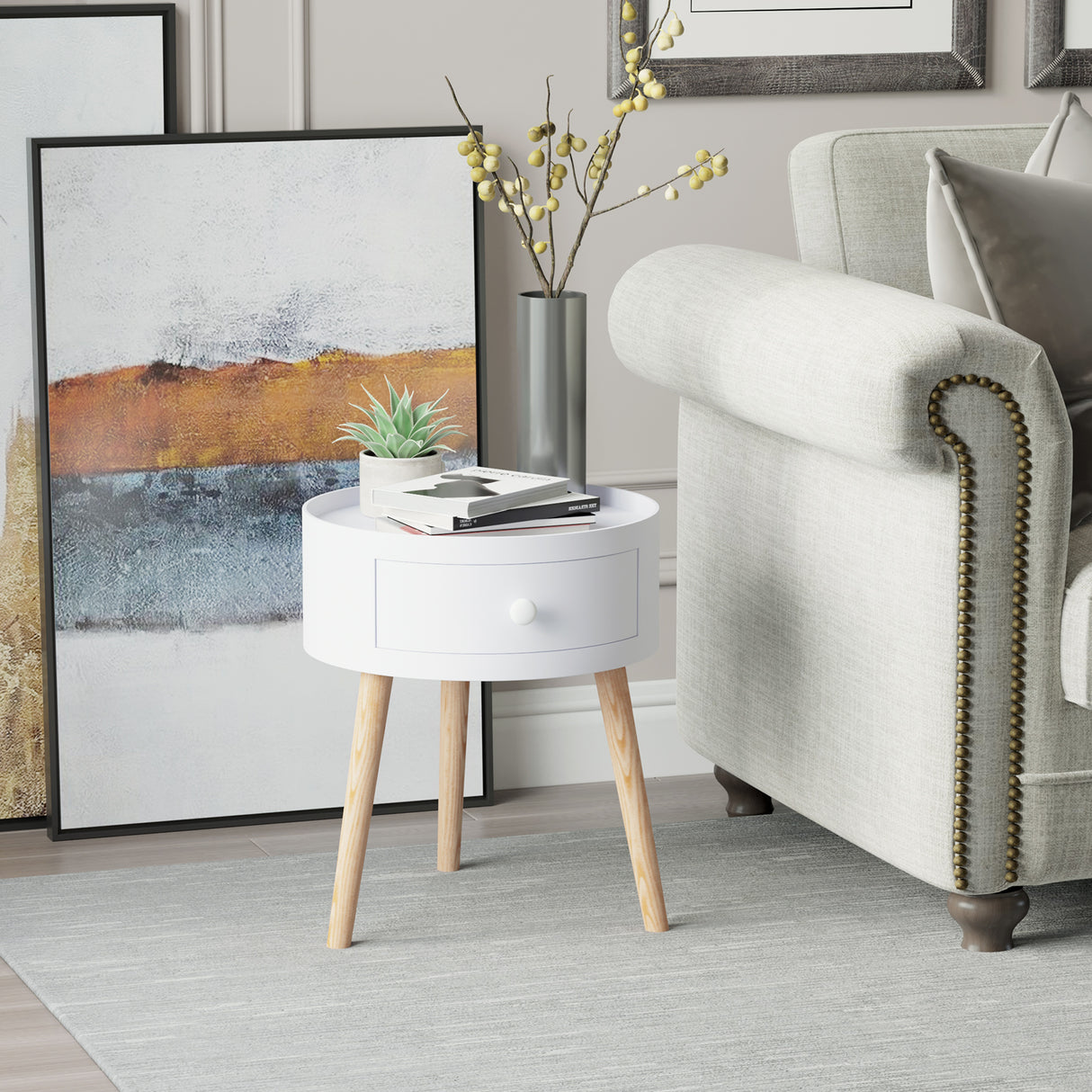 Wooden Side Table Round With 1 Drawer And Natural Legs - Velmora