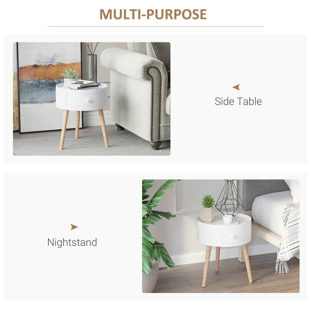 Wooden Side Table Round With 1 Drawer And Natural Legs - Velmora