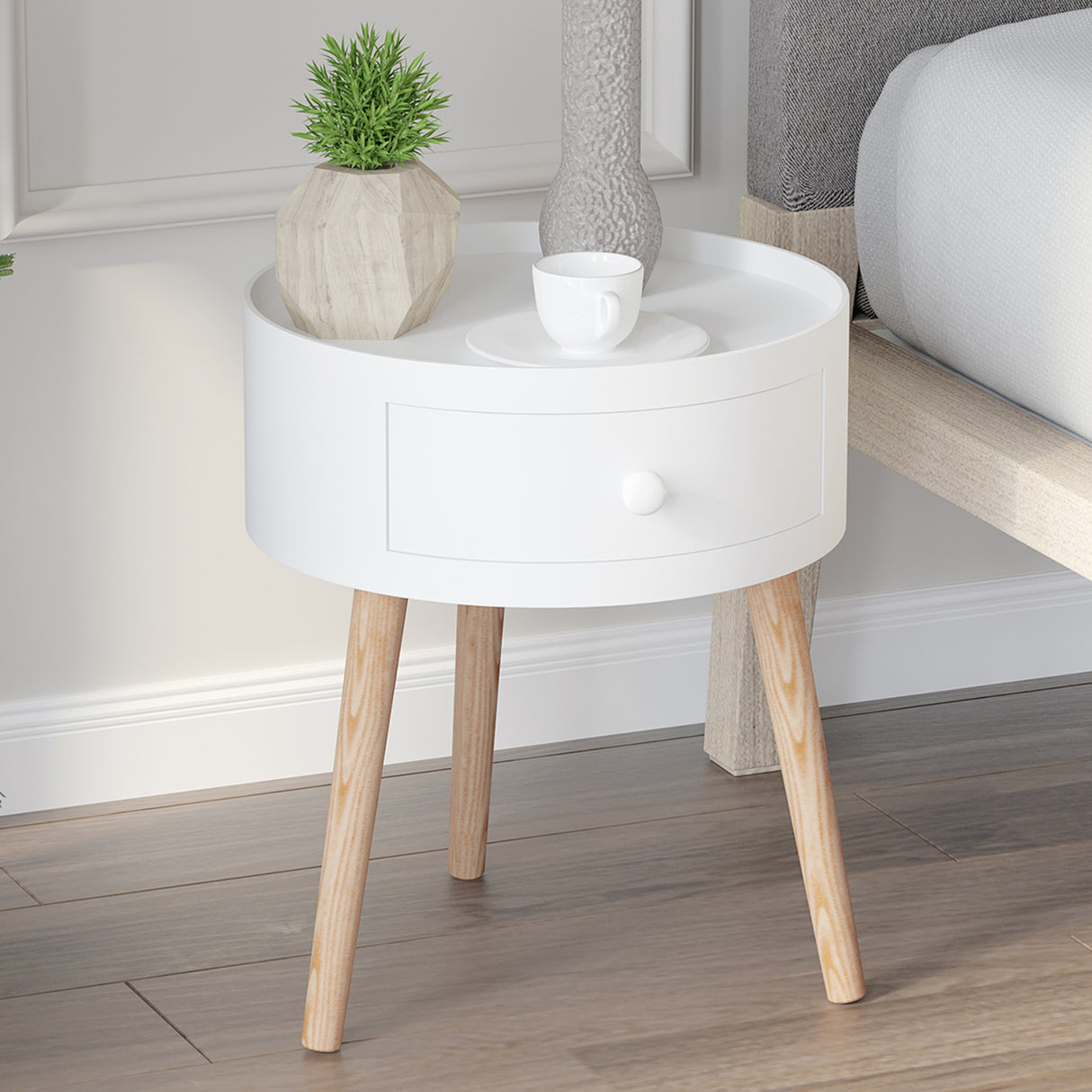 Wooden Side Table Round With 1 Drawer And Natural Legs - Velmora