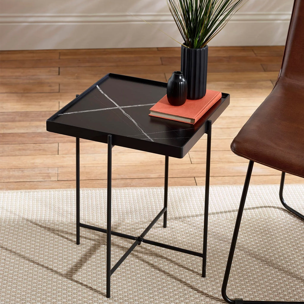 Wooden Side Table Square With Black Metal Legs - Celia