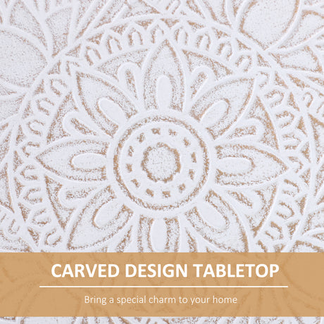 Wooden Side Tables Round in Set of 2 Carved Floral Design With Wood Legs - Velmora