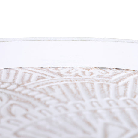 Wooden Side Tables Round in Set of 2 Carved Floral Design With Wood Legs - Velmora