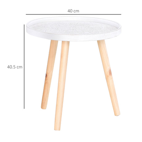 Wooden Side Tables Round in Set of 2 Carved Floral Design With Wood Legs - Velmora