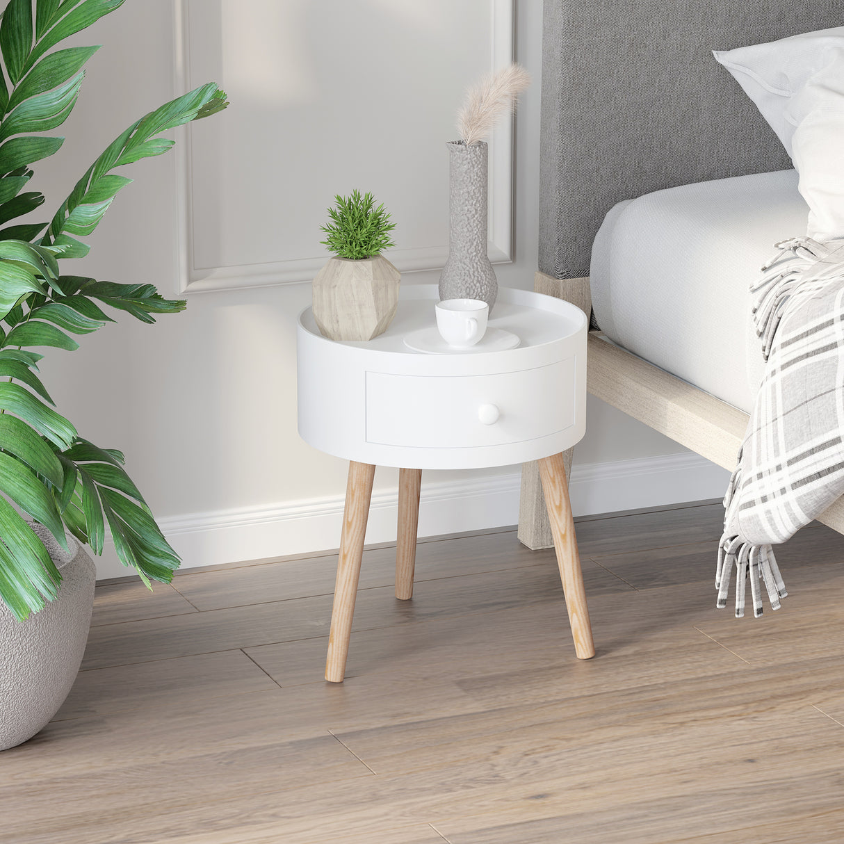 Wooden Side Tables Round in Set of 2 With Drawer And Wooden Legs - Velmora