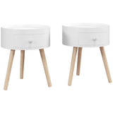 Wooden Side Tables Round in Set of 2 With Drawer And Wooden Legs - Velmora