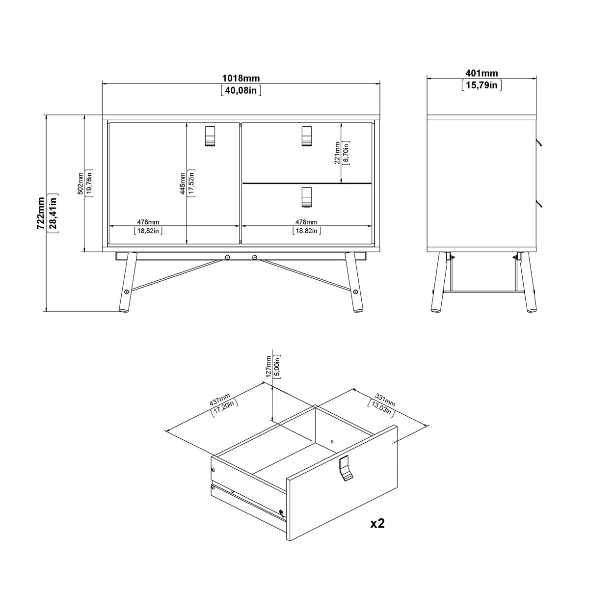 Wooden Sideboard With 1 Door And 2 Drawers - Ry
