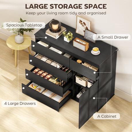Wooden Sideboard 100cm Wide With 1 Door And 5 Drawers - Velmora
