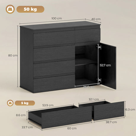 Wooden Sideboard 100cm Wide With 1 Door And 5 Drawers - Velmora