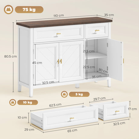Wooden Sideboard 110cm Wide With 3 Doors And 2 Drawers - Velmora