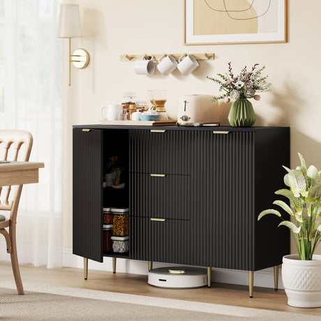 Wooden Sideboard 120cm Wide With 2 Doors 3 Drawers And Gold Legs - Velmora