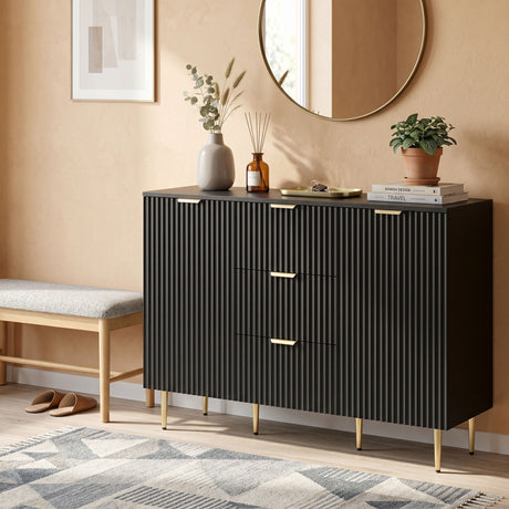 Wooden Sideboard 120cm Wide With 2 Doors 3 Drawers And Gold Legs - Velmora
